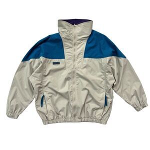 Vintage 90s Columbia Beige And Teal Full Zip Windbreaker Jacket Women Size L VTG
